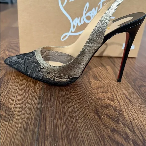 Christian Louboutin Black Lace and Metallic Gold Slingback Pumps - Picture 4 of 11